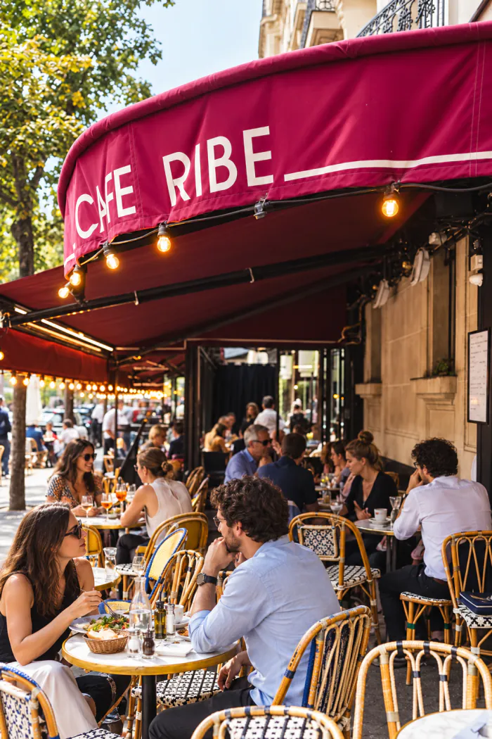 Les tables de Chez Ribe sous l'auvent bordeaux, éclairées par des ampoules.