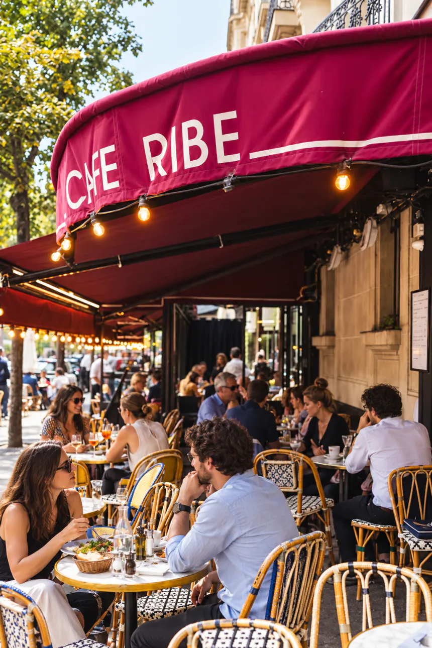 Les tables de Chez Ribe sous l'auvent, côté avenue.
