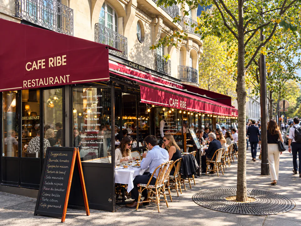 La terrasse de Chez Ribe le long de l'avenue, un jour de soleil.