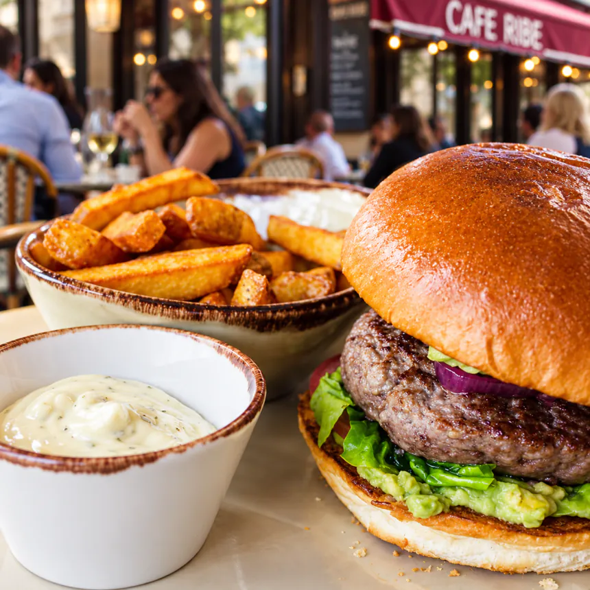 Un burger, des potatoes et une sauce crémeuse servis chez Ribe.