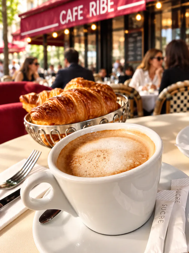 Un café crème sur une table en terrasse, avec un panier de croissants.